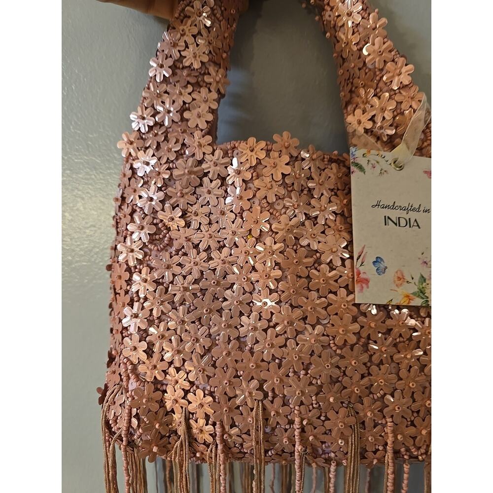 NWT Pink Floral Viral‎ Beaded Fringe Handcrafted Made India Womans Purse Handbag - Picture 2 of 6